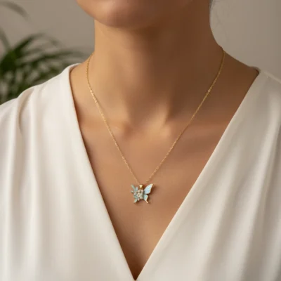 Enchanted Butterfly Pendant Necklace – Dainty Gold-Plated with Blue Enamel