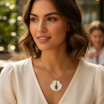 The Oceania Shell Charm Necklace: Mother of Pearl & Crystal Elegance