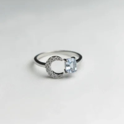Elegant Aquamarine & Cubic Zirconia Crescent Ring in Sterling Silver