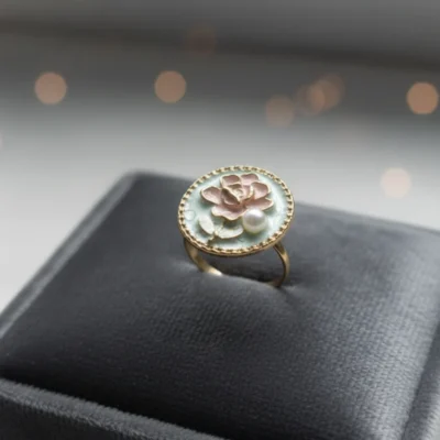 Elegant Rose Enamel & Pearl Gold-Toned Adjustable Ring