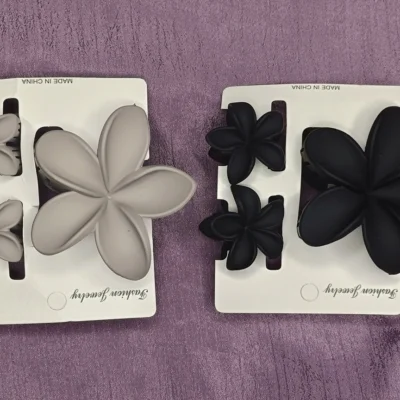 2-Pack Oversized Flower Hair Claw Clips (4 Pcs Total) | Matte Non-Slip Hair Clips for Thick Hair | Elegant Black & Beige Floral Jaw Clips