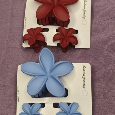 Matte Plumeria Flower Hair Claw Clips (2-Pack) Large & Strong Floral Jaw Clip Set for Thick Hair Red & Blue Combo