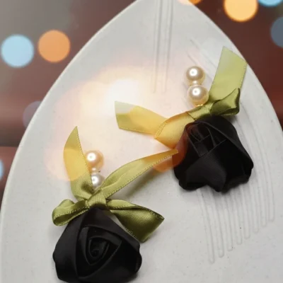 Chic Black Rose & Pearl Drop Earrings for Women Elegant Fabric Flower Studs