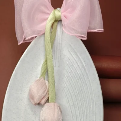 Elegant Pink Organza Bow Hair Clip with Dangling Tulip Tassels