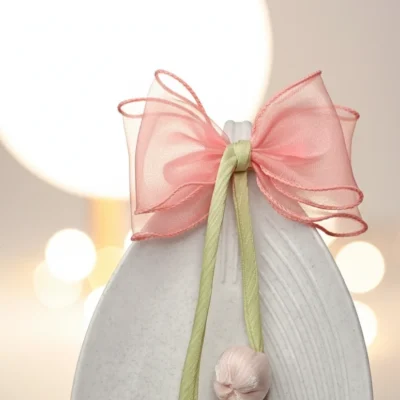 Handcrafted Organza Bow Hair Clip for Women & Girls Elegant Pink & Green Ribbon Barrette with Dangling Pom Poms