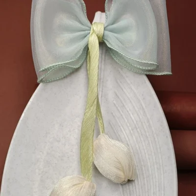 Chic Sheer Organza Bow Hair Clip with Dangling Flower Accents Elegant Light Green Hair Bow Accessory