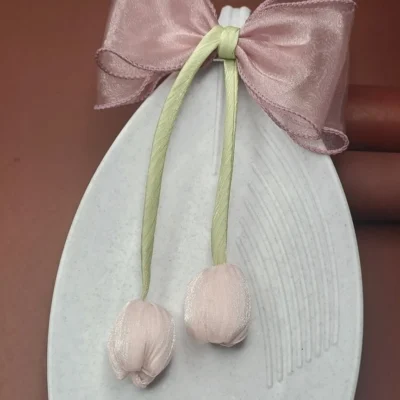 Elegant Pink Bow Hair Clip with Dangling Pompoms Cute Accessory