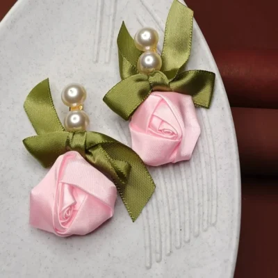 Handmade Pink Rose & Olive Green Ribbon Bow Hair Clips with Pearl Accents Elegant & Cute Accessories for Girls/Women