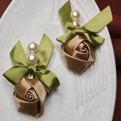 Elegant Satin Rose Hair Clips with Faux Pearls Set of 2 Bow Knot Barrettes for Women & Girls