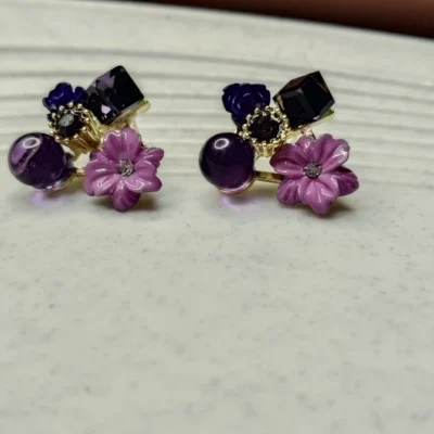 Handcrafted Purple Flower & Crystal Statement Earrings for Women Elegant Gold-Plated Drop Jewelry