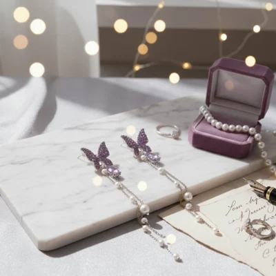 Sparkling Lavender Butterfly Dangle Earrings with Pearl Chains Sterling Silver Hypoallergenic Drop Jewelry