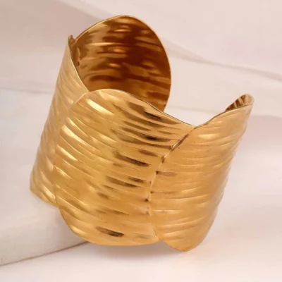 Artisan Gold Textured Wide Cuff Bracelet for Women Adjustable Statement Jewelry