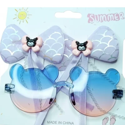Cute Bear Kids Sunglasses & Mermaid Bow Hair Clips Set UV Protection Eyewear & Hair Accessories for Girls