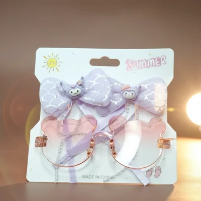 Cute Pink Bear Kids Sunglasses & Matching Purple Mermaid Bow Hair Clips Set UV Protection Eyewear for Girls