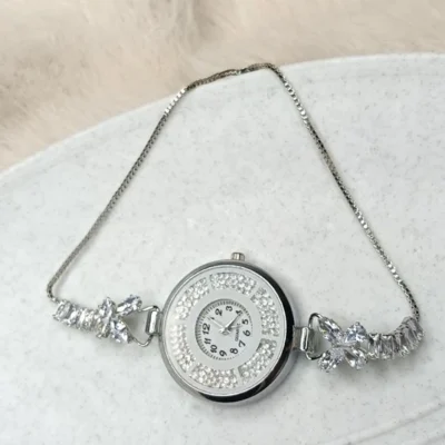 Elegant Silver-Tone Crystal Bracelet Watch for Women
