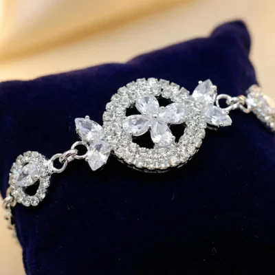 Sparkling Floral Cubic Zirconia Bracelet Silver-Toned Designer Jewelry for Her
