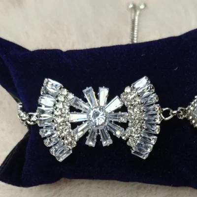 Premium Silver-Toned American Diamond (AD) Bow Bracelet Adjustable Cubic Zirconia Crystal Wristwear for Women & Girls Party Wear & Gift