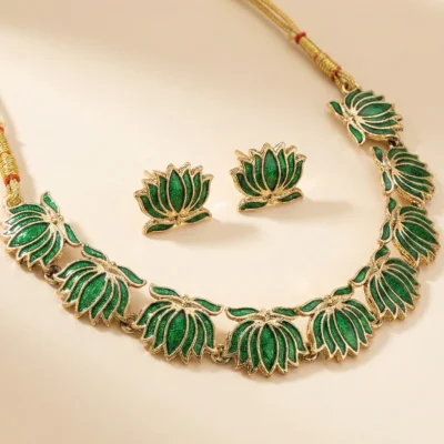 Green Lotus Enamel Necklace Set – Gold Plated Meenakari Floral Choker with Matching Stud Earrings – Traditional Ethnic Jewelry for Women & Girls