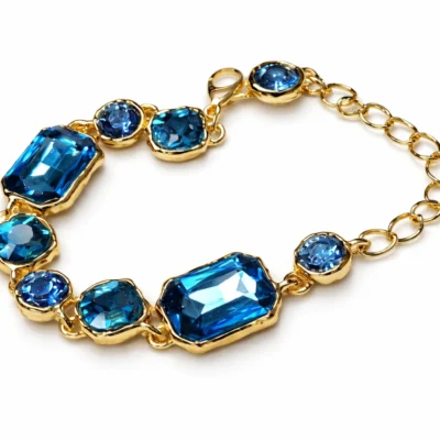 Royal Blue Crystal Statement Bracelet in Gold Tone – Sparkling Emerald & Round Cut Gems, Adjustable Link Jewelry Gift for Women