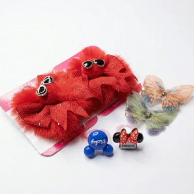 Girls’ Red Furry Sunglasses Bows, Sheer Butterfly Clips & Disney Mickey Minnie Rings – 6-Piece Kids’ Accessory Gift Set
