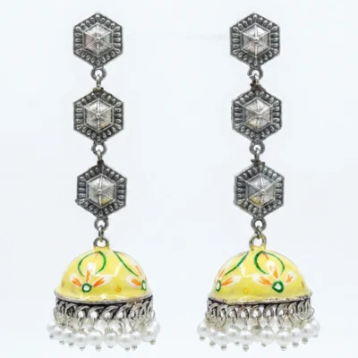 Silver Oxidized Yellow Enamel Jhumka Earrings with Pearl Drops and Kaan Chain – Traditional Festive Jewelry for Women & Girls