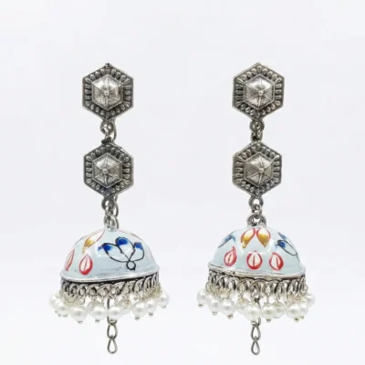 Oxidized Silver Hand-Painted Meenakari Jhumka Earrings with Pearl Drops – Ethnic Indian Statement Jewelry for Women & Girls