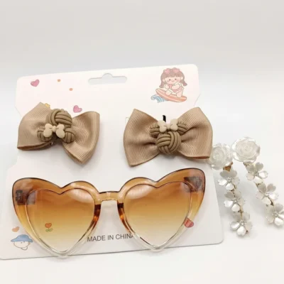 5pc Toddler Girl Summer Accessory Set | Brown Gradient Heart Sunglasses, Beige Ribbon Hair Bows & White Floral Pearl Dangle Clips | Cute Aesthetic Beach & Photo Prop Kit