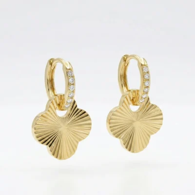 Anti Tarnish Gold Plated Four-Leaf Clover Drop Earrings with Pave CZ Hoops – Lucky Charm Dangle Jewelry for Women