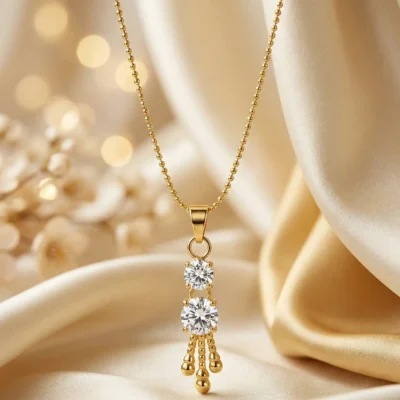 Elegant Gold Plated Cubic Zirconia (CZ) Stone Pendant Necklace for Women & Girls – Dainty Double Crystal & Golden Drop Design