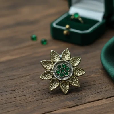 Handcrafted Antique Gold Sunflower Ring with Green Crystal Center