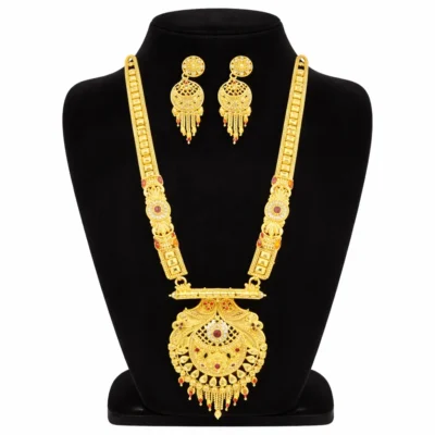 Snehshop™ 1.5gm Gold Polish Rani Haar Necklace Set for Women, Traditional Bridal Long Necklace with Earrings, Wedding & Festive Jewellery