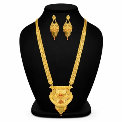 Snehshop™ 1.5gm Gold Polish Rani Haar Necklace Set for Women, Traditional Bridal Long Necklace with Earrings, Wedding & Party Jewellery