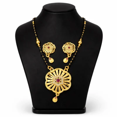 Snehshop™ 1.5gm Gold Polish Mangalsutra with Earrings Set for Women, Traditional Black Beads Necklace, Designer Pendant Jewellery Set