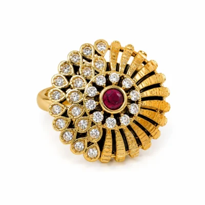 1 Gram Gold Plated Adjustable Designer Ring for Women & Girls | American Diamond Floral Cocktail Ring | Traditional & Party Wear Jewelry