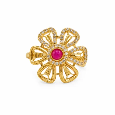 1 Gram Gold Plated Floral Design Ring for Women | Adjustable Flower Shape Statement Ring with Pink Stone | Stylish Artificial Jewellery for Girls & Women