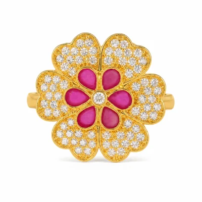 1 Gram Gold Plated Floral Ring for Women | Pink Stone Flower Design Adjustable Ring | American Diamond Fashion Jewellery for Girls & Women
