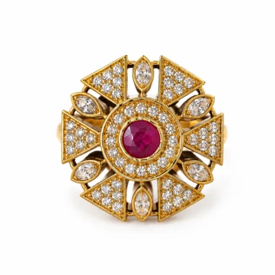 1 Gram Gold Plated Floral Designer Ring for Women | Ruby Red Stone & American Diamond Adjustable Finger Ring | Traditional Party Wear Fashion Jewelry